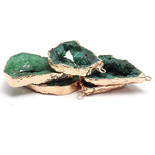 LE SKY natural stone pendant irregular plated gold edge druzy green crystal agate stone pendant for jewelry making DIY necklace charms 25X30-35X45mm (2 Pcs) - color: green