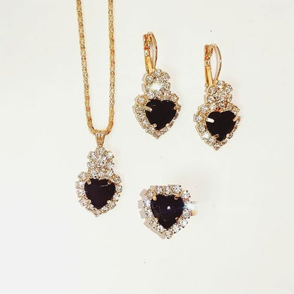Jewelry Set for Women Love Heart Alloy Artificial Crystal Earrings Pendant Necklace Ring Wedding Party Prom Anniversary Birthday Engagement for Bridal Bridesmaid Girlfriend - color: black Heart
