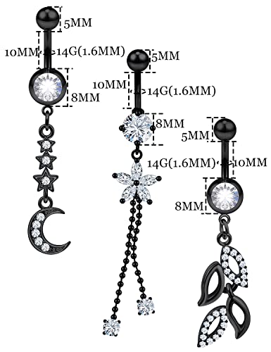 7PCS 14G 10mm Stainless Steel Dangle Belly Button Rings for Women Belly Piercing CZ Inlaid - style: Black-B
