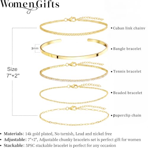Dainty Gold Bracelet for Women Trendy Non Tarnish, Thin Bracelets Stackable Set with Bangle Cuff, Box, Herringbone, Paperclip, Figaro, Sparkling Link Chains Waterproof, Simple Jewelry Gifts for Women - color: Gold-tennis/cuban/bangle/paperclip/Beaded