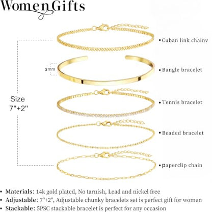 Dainty Gold Bracelet for Women Trendy Non Tarnish, Thin Bracelets Stackable Set with Bangle Cuff, Box, Herringbone, Paperclip, Figaro, Sparkling Link Chains Waterproof, Simple Jewelry Gifts for Women - color: Gold-tennis/cuban/bangle/paperclip/Beaded