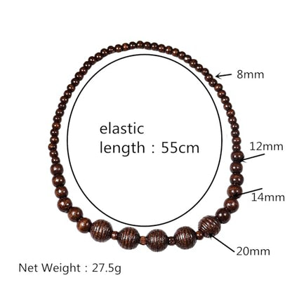 COLORFUL BLING Natural Chunky Wooden Beads Statement Necklace Boho African Tribal Collar Choker Bib Necklace Hippie Vacation Jewelry for Unisex Men Women - color: grooved dark