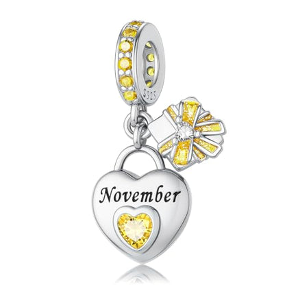 HappyStar 925 Sterling Silver Happy Birthday Bead Charm Love Heart Shape Birthstone Charms for Bracelets Dangle Pendant with 5A Cubic Zirconia Compatible Pandora Bracelets Jewelry Gift for Women - color: 92-November Birthstone Charms