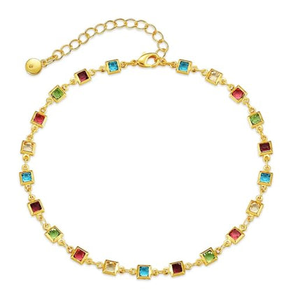 Ankle Bracelets for Women 18K Gold Plated Anklet for Women Gold Charm Anklet Waterproof Summer Beach Foot Chain Jewelry Gifts - style: square colorful cubic zirconia