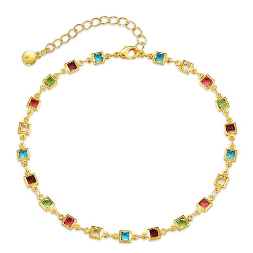 Ankle Bracelets for Women 18K Gold Plated Anklet for Women Gold Charm Anklet Waterproof Summer Beach Foot Chain Jewelry Gifts - style: square colorful cubic zirconia