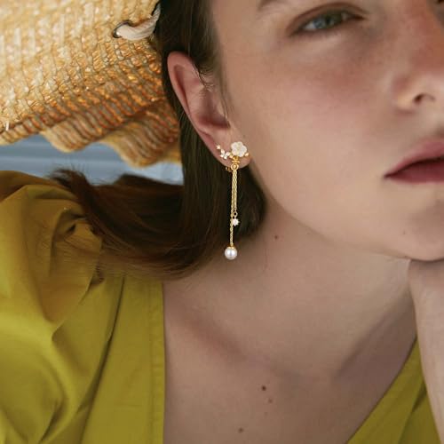 Awinesn Clip on Earrings Dangle Pearl Drop Clip Earrings for Women Trendy Dangle Chain Dainty Flower Wedding Earrings for Brides 14K Gold Plated Statement Non Pierced Earrings for Women Sparkly Jewelry - style: fugu-flower-g