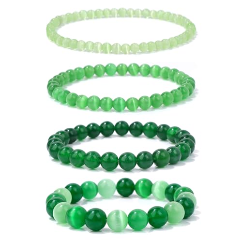 Vinswet 4pcs Beaded Bracelets for Women,Natural Healing Crystal Gemstones Bracelet,Anxiety Stress Relief Bracelet Handmade purple Jewelry Gifts for Women - color: Light green cat eyes&Dark green cat eyes&Green jade