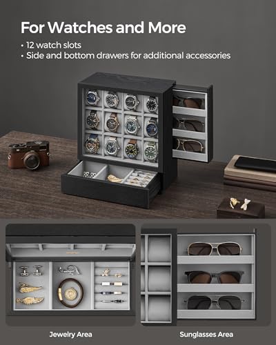 SONGMICS Watch Box 12-Slot Watch Display Case with Window | Solid Wood Veneer, Velvet Lining, Vertical Storage, Space Saving, Gift Idea, Ebony Black, UJOW014B01 - color: Ebony Black, size: 12 Slot