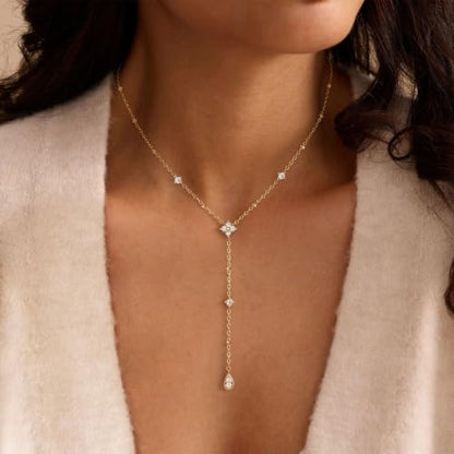 Long Necklaces for Women, Cute 14K Gold Plated CZ Drop Necklace | Dainty Gold Necklace, Simple CZ Teardrop Clover Y Shaped Lariat Necklace,Statement Non Tarnish Necklace, Trendy Gold Jewelry - color: Gold-Drop 2