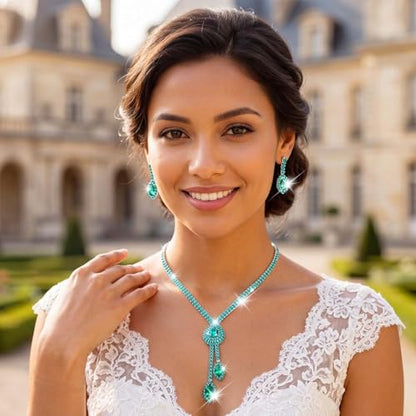 Unicra Silver Rhinestone Bridal Wedding Jewelry Set Crystal Necklace Earrings Sets Formal Prom Costume Jewelry Sets for Women and Brides - color: Green