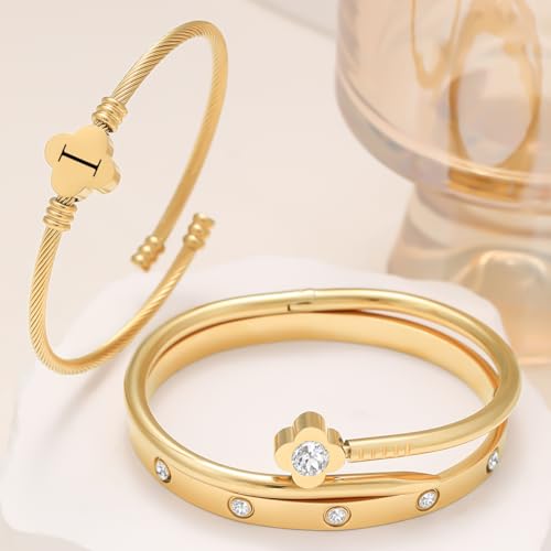 14K Gold Plated Personalized Flower Bracelet Set with Initial Charm Trendy Stackable Jewelry for Women - style: style1 I