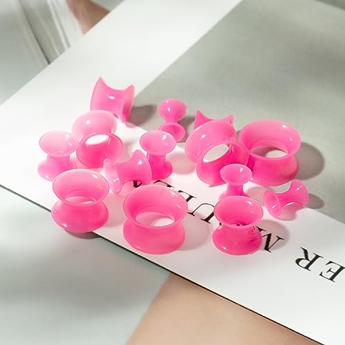 50-Piece Ear Gauges Stretching Kit, 14G-00G | Acrylic tapers and plugs with soft silicone tunnels, body piercing jewelry for women and men - color: Pink