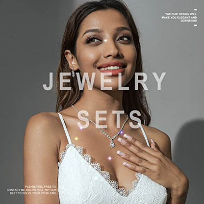 JAKAWIN Silver Clip On Earrings and Necklace Set Wedding Jewelry Sets | Rhinestone Bridal Necklaces for Women
