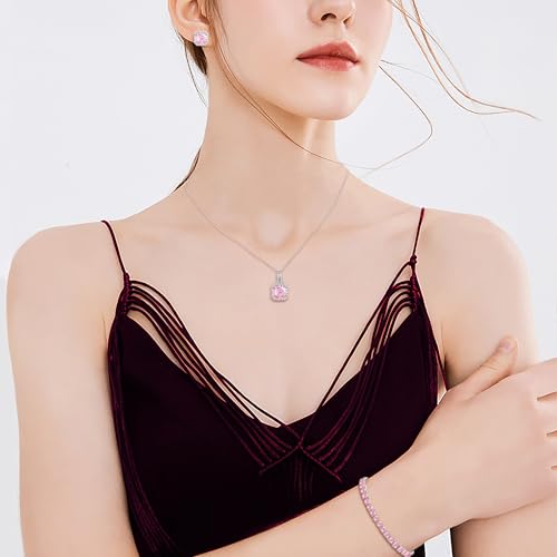 EVER FAITH Wedding Jewelry Set for Bride Bridesmaid, Glamour Teardrop Cubic Zirconia Pendant Necklace Earrings Tennis Bracelet Open Ring Sets for Birthday/Valentine's Day/Mother's Day/Christmas - color: B_Pink