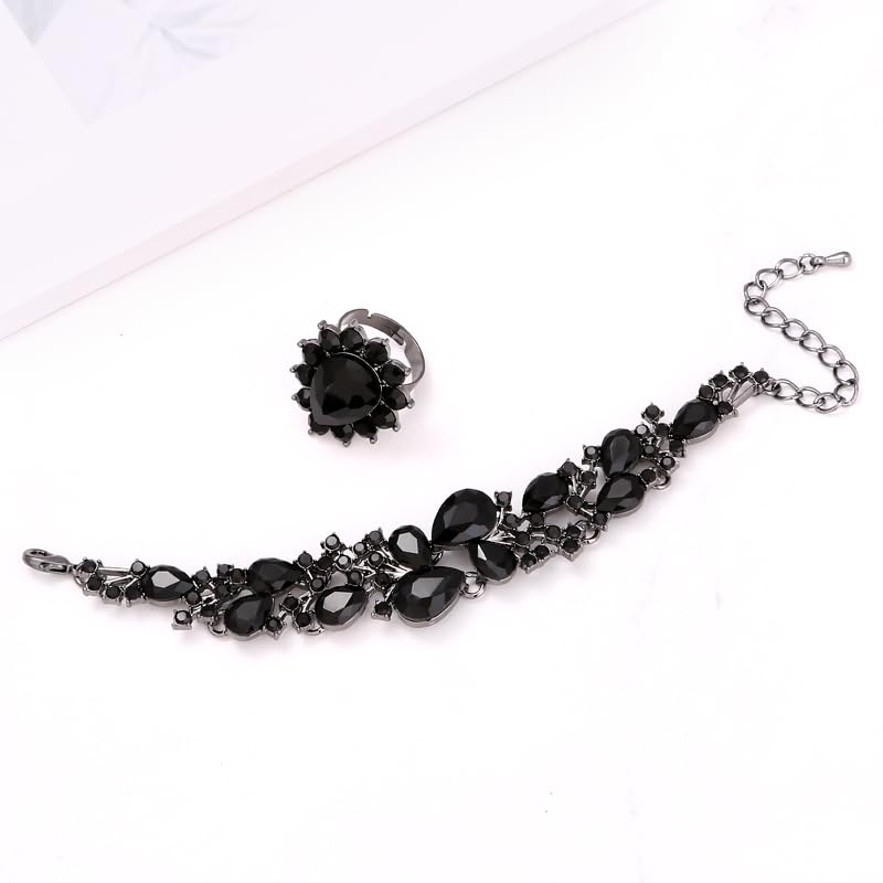 Molie Bridal Austrian Crystal Necklace and Earrings Jewelry Set Gifts fit with Wedding Dress - color: 4Pcs/Set-Black-Black Tone