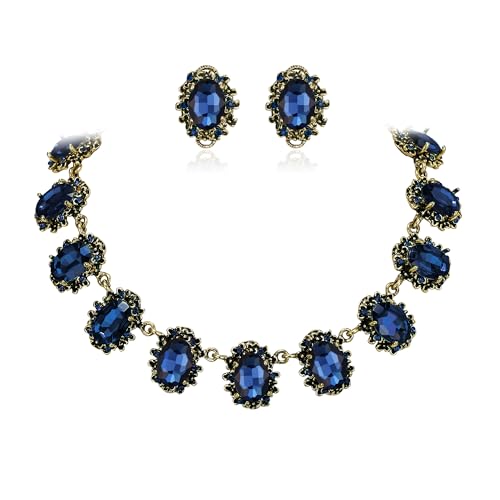 BriLove Victorian Style Statement Necklace Pierced Earrings Jewelry Set for Women Crystal Floral Cameo Inspired Oval Jewellery for Party Prom - color: Sapphire Color Antique-Gold-Plated-Base
