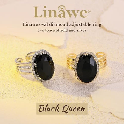 Linawe Costume Jewelry Adjustable Cocktail Ring for Women | Copper, Rhinestone, Cubic Zirconia, Oval, Fake Diamond, Crystal, Stone, Birthstone, Gemstone, Big, Chunky, Statement - color: Yellow Black