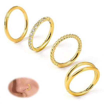 4PCS Nose Ring Hoop 316 Surgical Steel Double Hoop Septum Rings 18g 16g Piercing Jewelry with Zircon Spiral for Women Men Nose Septum Lip 8mm