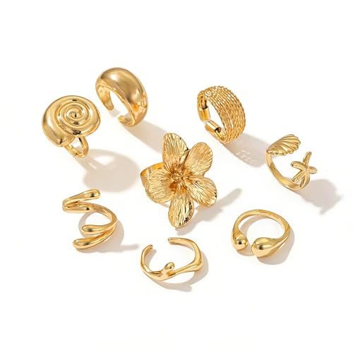 Gold Rings for Women Non Tarnish Boho Stackable Adjustable Open Rings Set Finger Knuckle Stacking Ring Packs Jewelry Gift - color: Gold Chunky Starfish Rings 8Pcs