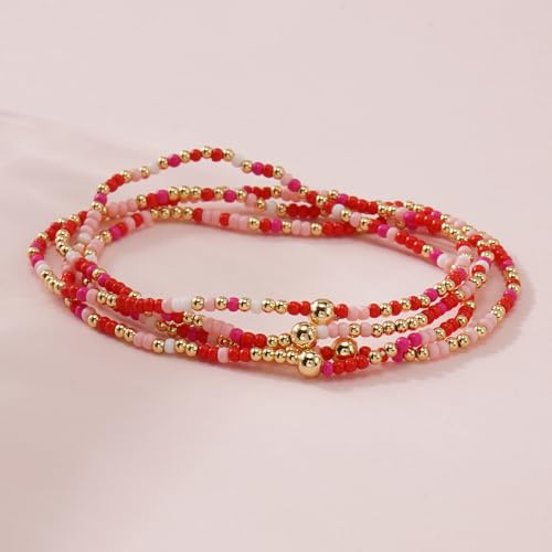Seed Beaded Stack Bracelets Set for Women,Small Boho 4Pcs Colorful Handmade Dainty Trendy Gold Stretch Accessories Jewelry, Summer Daily Party Friendship Gift - color: Pink Red
