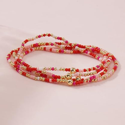 Seed Beaded Stack Bracelets Set for Women,Small Boho 4Pcs Colorful Handmade Dainty Trendy Gold Stretch Accessories Jewelry, Summer Daily Party Friendship Gift - color: Pink Red
