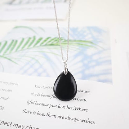 iSTONE 925 Sterling Silver Natural Crytral for Womens Pendant Necklace, Gemstone Birthstone with 17.8" Silver Chain Ladies - color: Obsidian