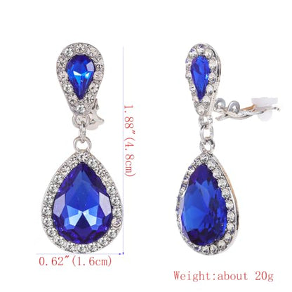 Classic Austrian Crystal Tear Drop Clip on Dangle Earrings for Women - color: Blue,Silver