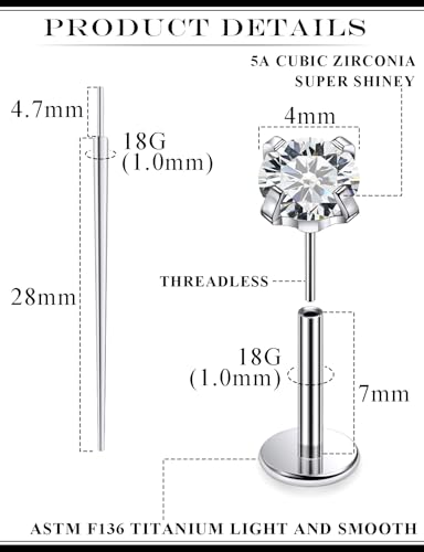20G 18G 16G F136 Titanium Threadless Flat Back Earrings Nose Studs Tragus Forward Helix Conch Cartilage Lobe Earrings Medusa Labret Snake Bite Monroe Lip Ring Piercing Jewelry For Women Men - size: 18G-7MM Bar-CZ 4MM