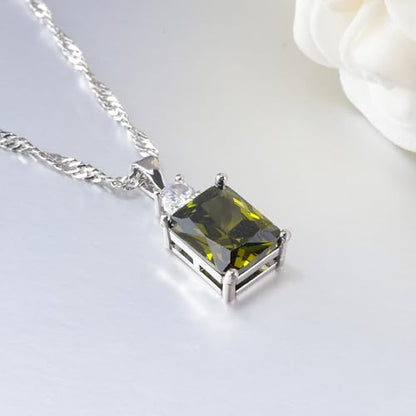 CiNily Rectangular Crystal Necklace for Women Trendy, Pendant Necklace with Chain 14K White Gold | Gold Plated Multicolor Birthstone Pendant Necklaces Boho Jewelry for Christmas Birthday Wedding - color: Silver-Olive Green cz