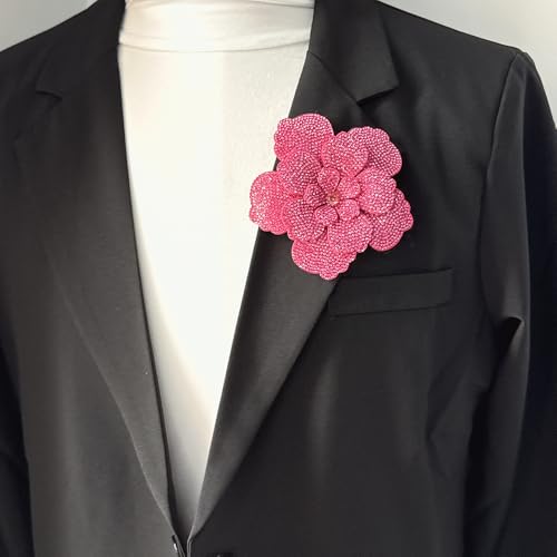 Rhinestone Flower Brooch Pin for Women Men Elegant Sparkly Crystal Camellia Floral Lapel Pins Shawl Dress Suit Clothes Accessories Wedding Party Fashion Jewelry 105mm - color: Hot Pink