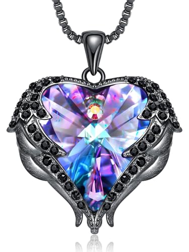 CDE Angel Wings Heart Birthstone Pendant Necklace Gift for Women | Silver/Gold Tone,Ideal Birthday & Anniversary Jewelry Gift for Wife,Girlfriend,Her - color: Black-02-Feb-Amethsy Purple Birthstone