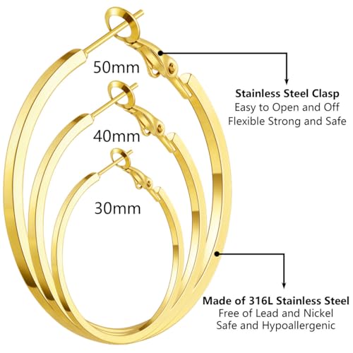 5/12 Pairs Gold Silver Plated Hoop Earrings for Women, Hypoallergenic Stainless Steel Hoops Earrings Set, Lightweight Large Small Hoops Women Earrings Loop Earrings Set - color: 6 Pairs Gold Silver Plated Square Wire Hoop Earrings