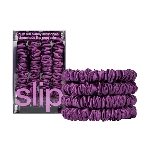 Slip Silk Hair Ties — Skinny Silk Dark Purple Scrunchies, No Damage, No Crease, Anti-Breakage |100% Mulberry Silk | All Hair Types | Made with Proprietary Slipsilk™ | Set of 4 - color: Dark Purple