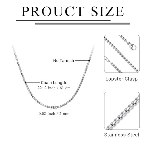 Eusense Stainless Steel Chain Necklace for Men Women Rolo/Wheat/Snake/Box Chain, 2-3MM, 20-24 Inches with Delicate Gift Box - color: Silver, size: 22+2 Inches Length, style: Rolo Chain-2MM Width