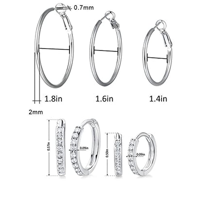 White Gold Earrings for Women Men Hoop and Stud Earring Set | Hypoallergenic 14K White Gold Plated Hoops Huggie Stud Earrings Set Round Cubic Zirconia Ear Jewelry - style: A5-White Gold-Hoop (5 Pairs)