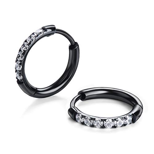 Hypoallergenic Unisex Surgical Steel Small Cubic Zirconia Huggie Hoop Earring, Color Gold - Silver - Rose Gold - Black - Rainbow, Size 6mm- 12mm Safe for Sensitive Ear - style: D01 : 12MM Black Hoops(2mm thickness)