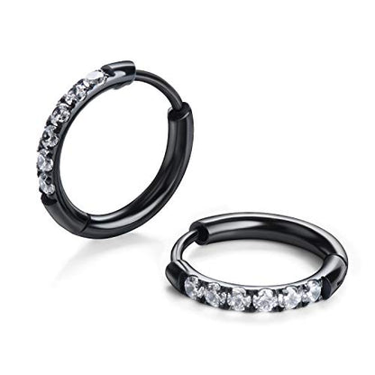 Hypoallergenic Unisex Surgical Steel Small Cubic Zirconia Huggie Hoop Earring, Color Gold - Silver - Rose Gold - Black - Rainbow, Size 6mm- 12mm Safe for Sensitive Ear - style: D01 : 12MM Black Hoops(2mm thickness)