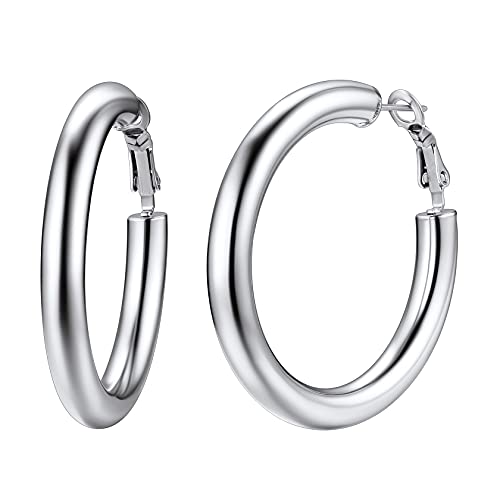 ChainsHouse 30/40/60/80mm Hoop Earrings for Women,Chunky Earrings in 18K Gold Plated/Silver/Black,Minimalist Jewelry Round Tube Hoops Fits Sensitive Ears|Hypoallergenic&Waterproof,with Gift Box - color: E:steel-round tube, size: 40MM