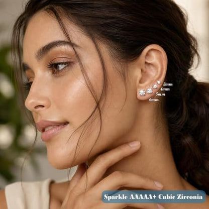 SEEDRILL Stud Earrings for Women Men Square & Round AAAAA+ Cubic Zirconia Earrings 18K Gold Plated Hypoallergenic 316L Surgical Stainless Steel CZ Earrings 3-6mm 4 Pairs - color: Silver
