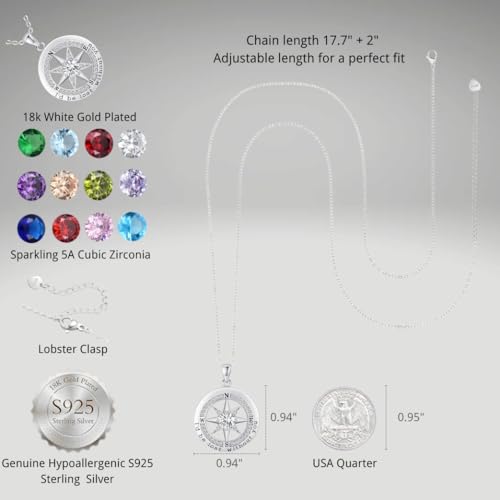 Compass Necklace for Women Wife Girlfriend Mom Daughter Gifts | S925 Silver Jewelry For Anniversary 18K Rose Gold Gifts For Birthday Christmas Mothers Valentines Day 12 Birthstones - style: 04-April-Silver