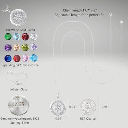 Compass Necklace for Women Wife Girlfriend Mom Daughter Gifts | S925 Silver Jewelry For Anniversary 18K Rose Gold Gifts For Birthday Christmas Mothers Valentines Day 12 Birthstones - style: 04-April-Silver