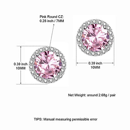 YOMELA Round Cubic Zirconia Stud Earrings for Women | Everyday Dainty, Diamond-Like Brilliance, CZ Halo Birthstone Studs, Hypoallergenic & Lightweight, Elegant & Versatile - color: Pink