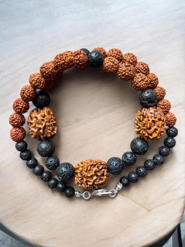 Energized Rudraksha Shiva Necklace - HANDMADE, Hindu Meditation Mala with Original 5 and 3 Mukhi Face Rudraksh Beads, Negative Energy Protection Jewelry for Men and Women