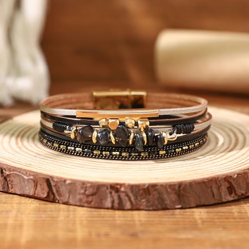 Fesciory Leather Wrap Bracelets for Women, Boho Western Layered Jewelry | Layered leather cuff bracelets, Easy on and off, Boho western style, Daily wear, Gift for women - color: Black 7