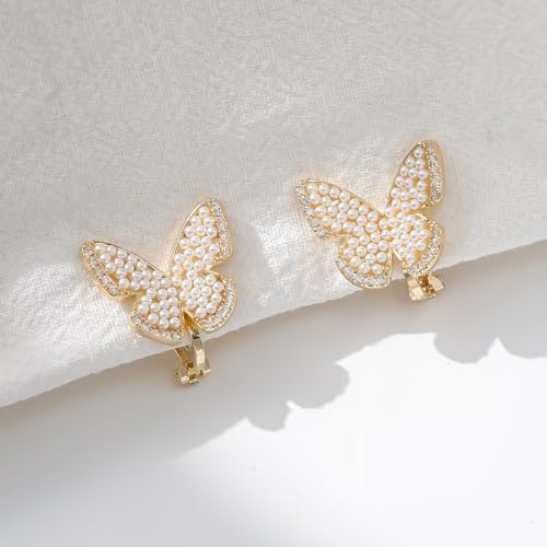YOQUCOL Simulated Pearl Flower-Cluster Shape Clip On Stud Earrings Non Pierced Ear Earrings for Women - color: Butterfly