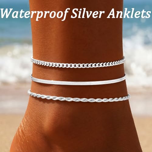 Waterproof Ankle Bracelets for Women,14k Gold Plated Hypoallergenic Layered Stackable herringbone Cuban Link Chain,Adjustable Beach Anklets Bracelets for Women Gift 3pc Sets - color: Silver