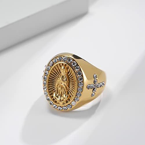 Christian Couple Signet Rings Set: Square Jesus (Men) & Oval Virgin Mary (Women), Stainless Steel Gold Plated with Side CZ Cross, Rhinestone Religious Rings - color: Mary
