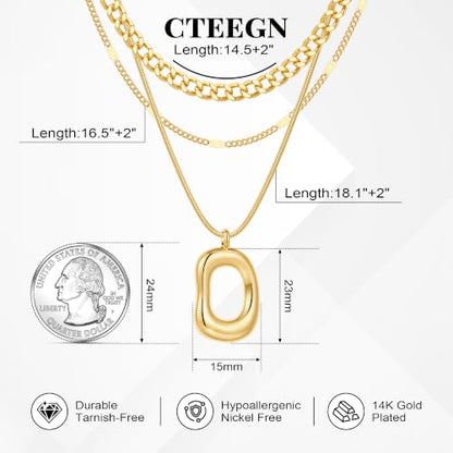 14K Gold/Silver Plated Dainty Snake Chain Layered Necklace for Women | Irregular Oval Pendant Minimalist Dainty Statement Gold Layering Everyday Jewelry - color: Gold - Sandblasted