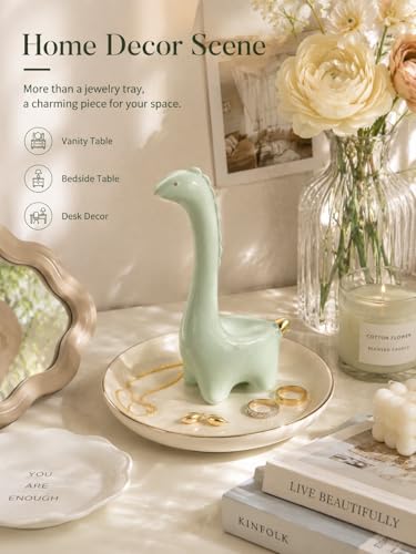 Ring Holder Dinosaur Jewelry Dish, Ceramic Dino Trinket Tray for Rings Earrings Necklace Bracelet, Animal Organizer for Vanity Nightstand Bathroom - color: Dinosaur