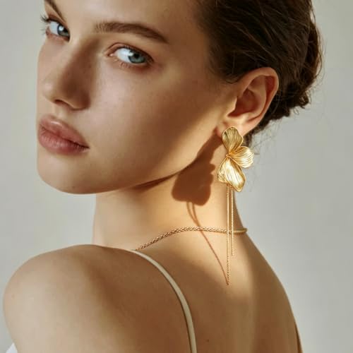 OGD Chunky Gold Statement Earrings For Women Trendy Gold Plated Sectored Flower Leaf Angel Wing Earrings Large Stud Jewlery Hypoallergenic - color: Flower Tassel-Gold